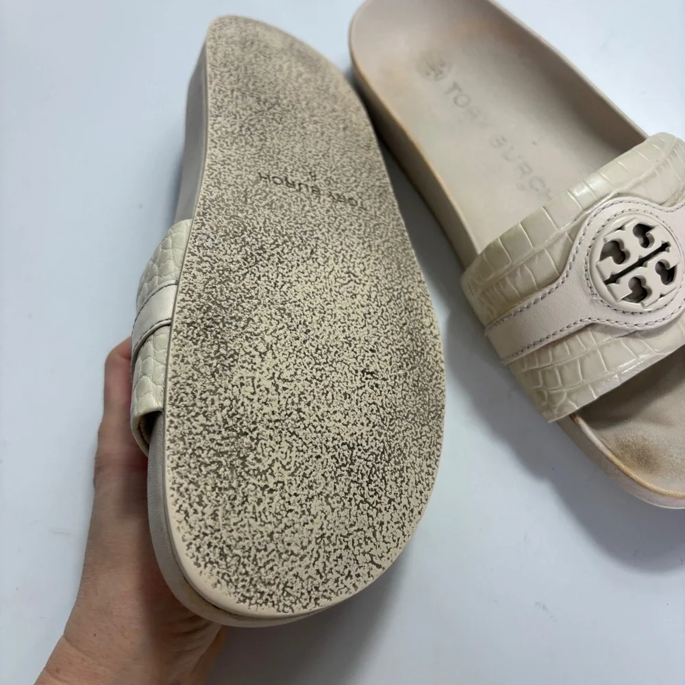 Tory Burch Miller Cloud Cream Croc Embossed Leather Slide Sandals 8M
